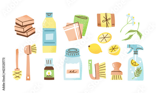 Set of eco-friendly cleaning supplies. Vinegar, baking soda, essential oil and castile soap. Vector illustration of green non-toxic cleaning products. Isolated on white background.
