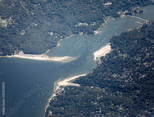 High aerial view of Centerport, Long Island, New York, taken from an airplane