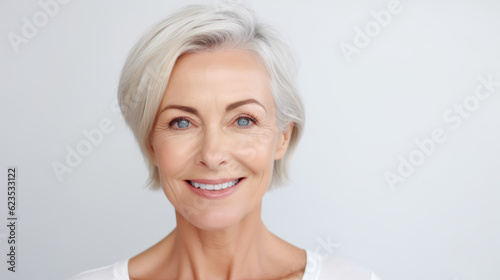 Beautiful portrait of a 50s mid aged mature woman looking at camera isolated on white background
