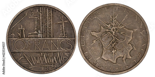 Back and front side of obsolete used coin. French coin of 10 Francs Mathieu year 1975 , Composition Copper-Aluminium-Nickel. on white background.