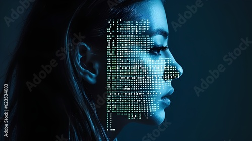 The concept of human-computer interaction - HCI. A person with binary code projected onto their face, the intimate interplay between humans and digital technology in digitized world. Generative AI