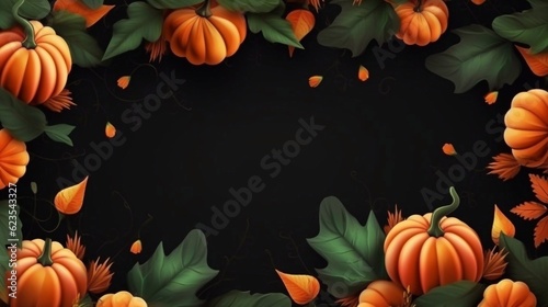  Pumpkins and autumn leaves decor on black background. Copy paste space for text. Top view. Thanksgiving or Halloween day banner Festive background. AI generated