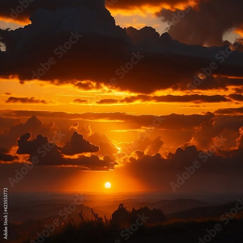A breathtaking view of a fiery orange sky, with the sun's rays radiating through the clouds, casting a warm glow over the landscape.