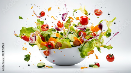 Vegetable salad in a bowl with flying ingredients and drops of olive oil.Generative AI