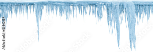 Icicles, isolated from the background, isolated object. Panoramic photo. 