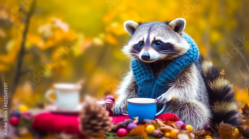 A funny raccoon in a scarf drinks tea from a cup against the background of an autumn forest.Beautiful postcard for Thanksgiving.Generative AI