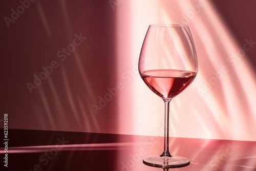 Rose wine in a glass on light pink background. Wineglasses. Summer drink for party, wine shop or wine tasting concept. Hard light. Copy space