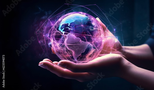 person touching world globe on the screen stock photo