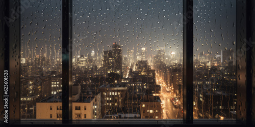 View of a skyscraper busy city at night through rainy window