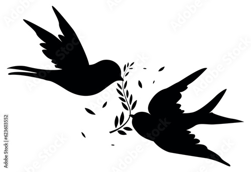 swallow couple with an olive branch, bird silhouette