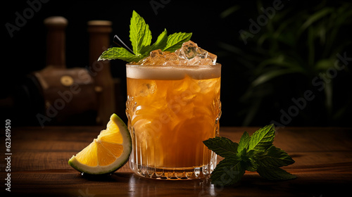 Tasty Mai Tai with Rum Orange Liqueur Orgeat Syrup Lime Juice served on a table top ultra detailed studio lights on dark background product photo for restaurant generative ai