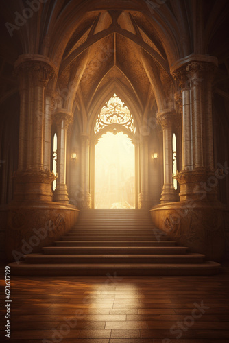 Digital illustration with interior of the cathedral, holy gothic churc, religious architecture. fantasy castle. Vertical fantastic fairytale poster with castle entrance