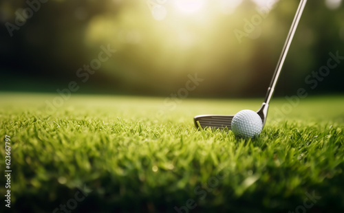 A poised golf ball sits adjacent to a sleek golf club on lush green grass, the calm before the powerful swing, generative ai