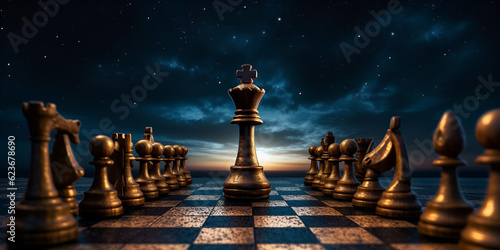 Chess pieces on chessboard with city background Cityscape with chess pieces on chessboard Chess set on chessboard against city backdrop AI Generated