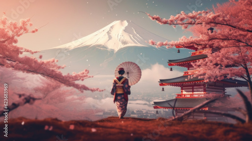 geisha on the background of Mount Fuji.