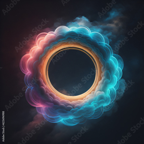 round frame. abstract cloud illuminated with neon light ring on dark night sky. Glowing geometric shape