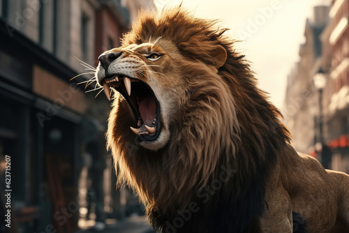 Roaring lion attack on city street, close-up of rabid dangerous animal, aggressive angry predator
