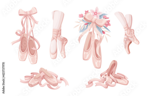 Pointe shoes of ballerina set vector illustration. Cartoon isolated ballet dancer legs in silk slippers dance on rehearsal, pair of footwear hang on ribbon and bow, accessory with summer flowers