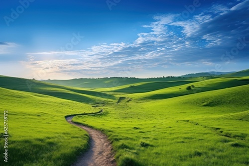 Serene Morning Walk on a Winding Path through a Green Hillside