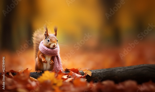 Super cute funny squirrel wearing a scarf in beautiful Fall landscape, Autumn scene with a cute european red squirrel. Sciurus vulgaris. copy space