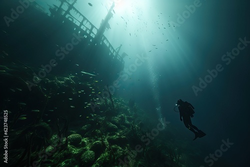 Dangerous dive to study the cause of the death of the ship. Shipwreck investigation. Diver in front of the sunken hull.