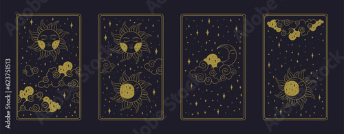 Tarot poster with astrological and celestial symbols. Aesthetic tarot design for oracle card covers. Vector illustration isolated in blue background