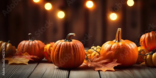 Mini Thanksgiving Pumpkins and Leaves on Rustic Wooden Table with Lights and Bokeh on Wood Background - Embracing the Spirit of Thanksgiving and Harvest Generative AI Digital Illustration