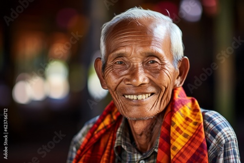 Portrait photography of a happy 100-year-old elderly Indonesian man wearing a foulard against an abstract background 