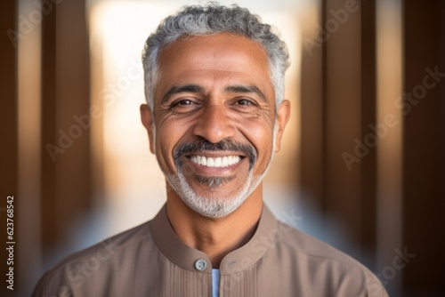Portrait of happy Indian man looking at camera in corridor at home
