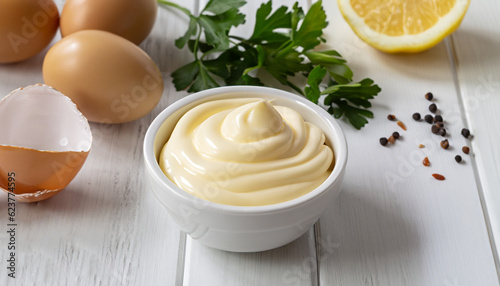 Traditional mayonnaise sauce in white ceramic bowl and ingredients for its preparation on white wooden background. Selective focus.