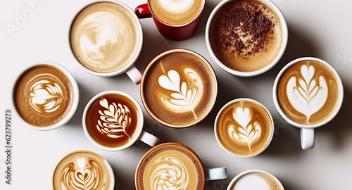 Buch of coffee cups with different kind of beverage and different latte art foam designs. Top view, close up, copy space, Generative AI