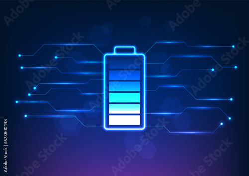 Battery technology is connected to the circuit. It is a vector illustration in blue tones. The background is geometric shapes. The concept of battery technology is to keep electrical devices powered.