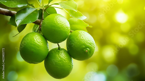 Green organic lime citrus fruit hanging on tree, Generative Ai
