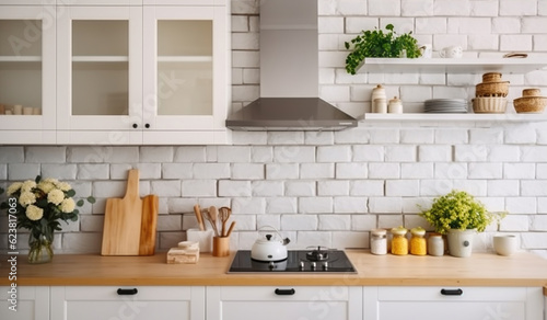 Loft Kitchen Cabinet and Worktop with White Brick Wall Background. Apartment Counter in Contemporary Clean Home. Generative AI