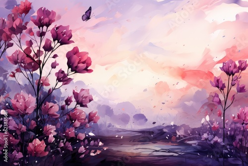 A Painting Of Pink Flowers And A Purple Sky. Pink Flowers, Purple Sky, Art, Paintings, Colour, Nature. Generative AI