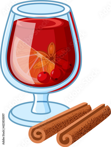 Cartoon mulled wine in glass with orange, berries, star anise and cinnamon. Christmas drink vector illustration.