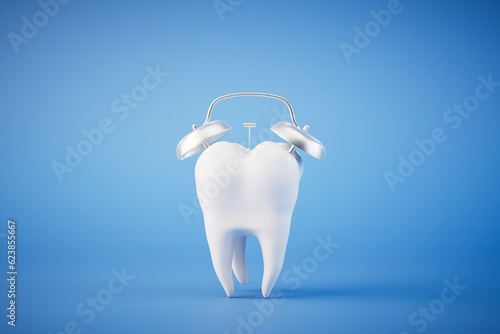 Time for dental treatment. Tooth and alarm clock on a blue background. 3D render