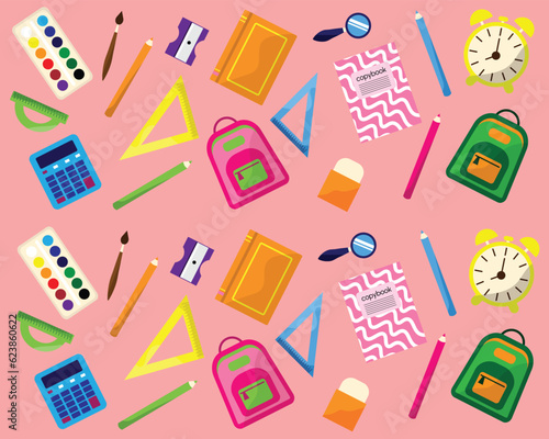 Back to school pattern. Pattern of study school supplies: backpack, pencils, brushes, paints, ruler, sharpener,calculator, book. Stationery subjects. Back to school. Flat illustration.