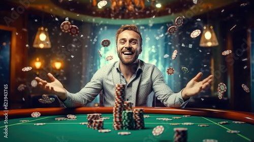 A happy man winning poker in casino and money flying around him