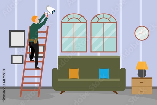 CCTV security vector concept: Young technician standing on the staircase while installing cctv camera at home