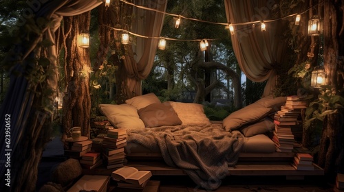 A cozy reading nook with a hammock strung between two trees. Disconnect from technology. Analog offline activities. Unplugging. Take a break from the digital world. Generative AI.