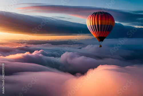 A hot air balloon flying over a sea of ​​clouds. Stunning collection of white clouds from above with sunlight over the horizon