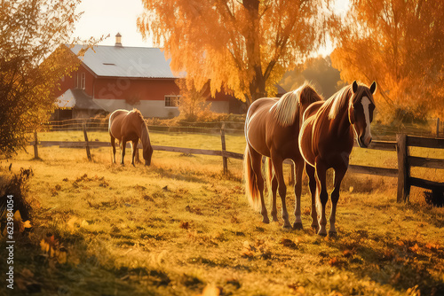 Beautiful chestnut horses at the farm at sunset