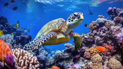 turtle with Colorful tropical fish and animal sea life in the coral reef, animals of the underwater sea world