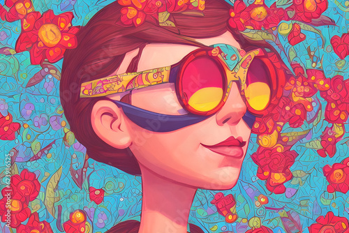 pltn style summer vibes fashion woman. wearing huge sunglasses and red flowers decoration digitale. Generative AI