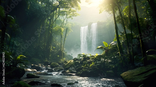 熱帯雨林の秘境の滝 Generative AI