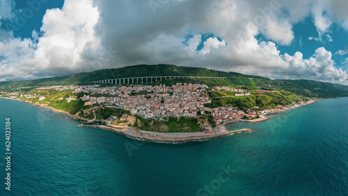 aerial view from the drone of Pizzo Calabro, a town on the coast of the Gods in the province of Vibo Valetia in Calabria. The town is famous for truffles and ice cream in general