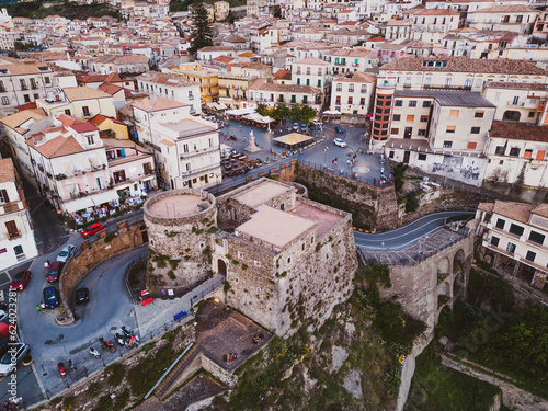 aerial view from the drone of Pizzo Calabro, a town on the coast of the Gods in the province of Vibo Valetia in Calabria. The town is famous for truffles and ice cream in general