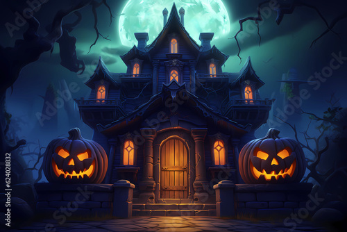 Halloween haunted house with bright moon and pumpkins. Halloween background for games. Halloween spooky mansion.