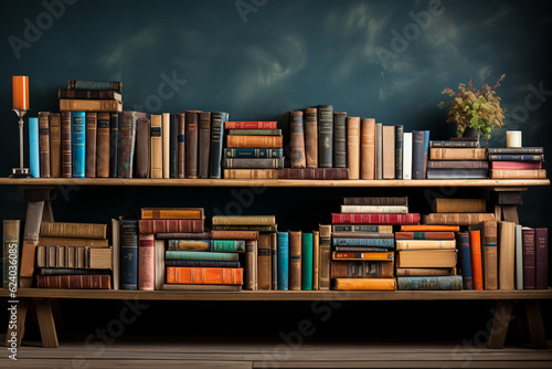 Literature-themed banner featuring a bookshelf, stack of hardcovered books, and copy space Generative AI